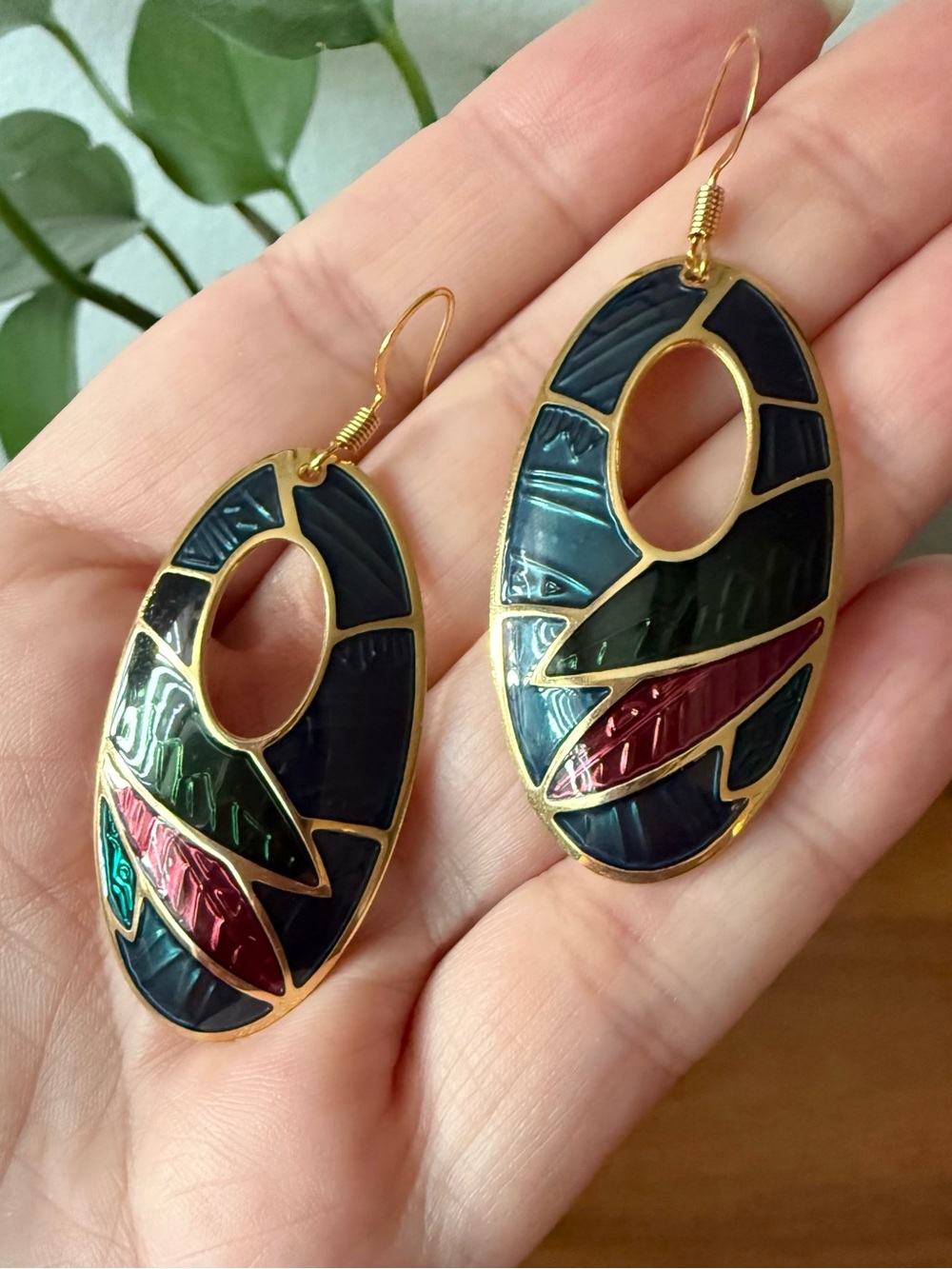 Edgar Berebi Abstract Modernist Enamel Oval Drop Multicolor Gold Tone Earrings